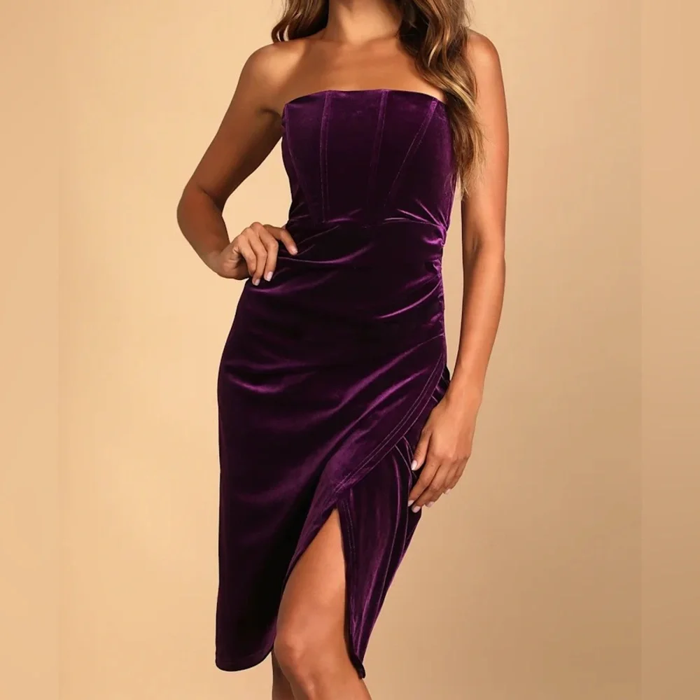 LULUS Glamorous Celebrations Dark Purple Velvet Strapless Tulip Dress - Picture 2 of 9